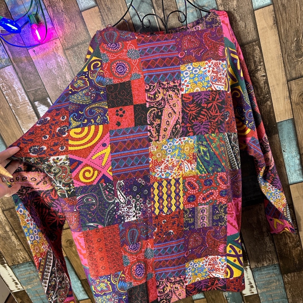 Bohemian artsy Colorful Patchwork Long Sleeve fuzzy Top - Picture 9 of 16